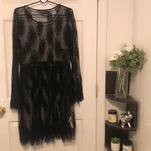 Black sheer midi top with lace trim flared sleeves